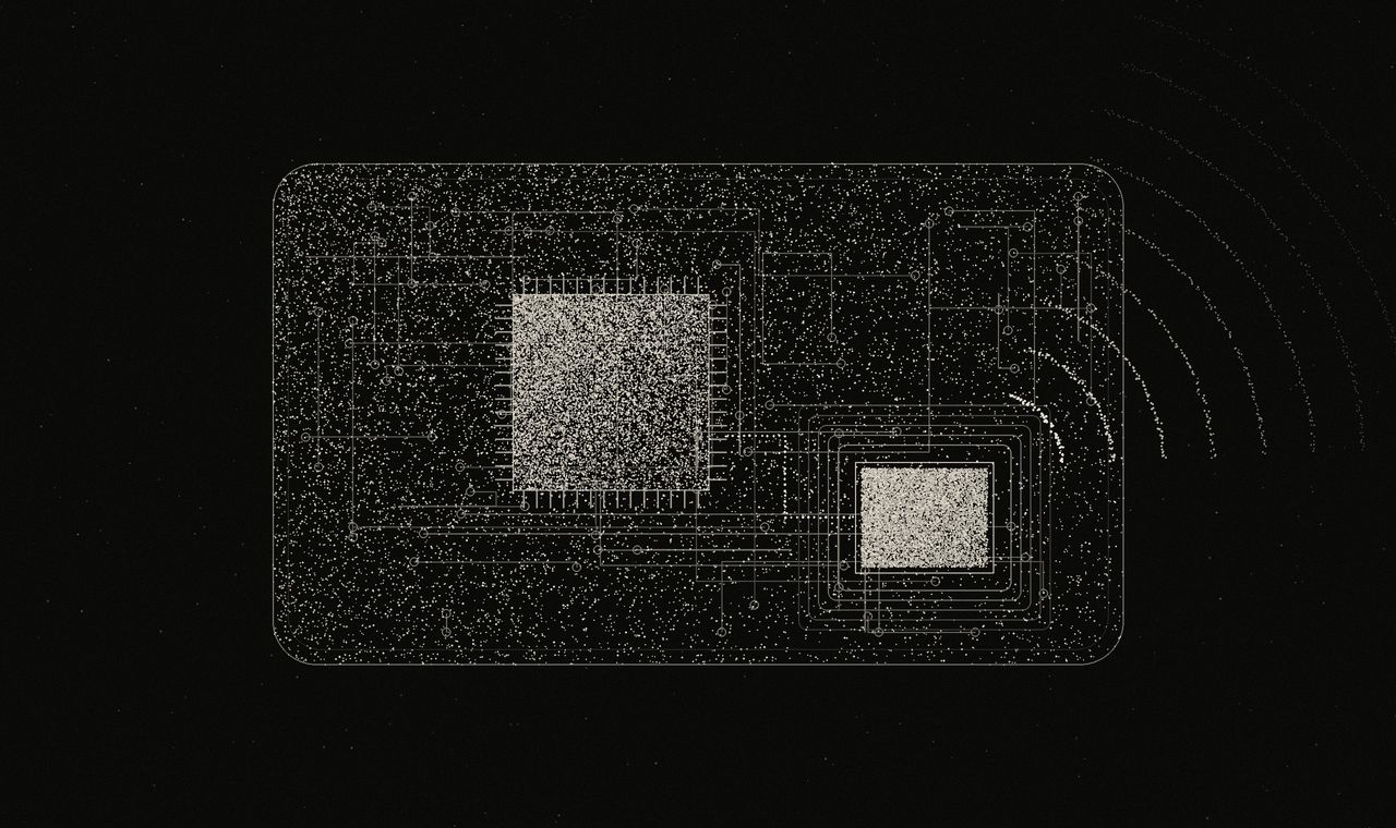 Stippled circuit board with a secure chip and a smaller foreign module emitting signal arcs