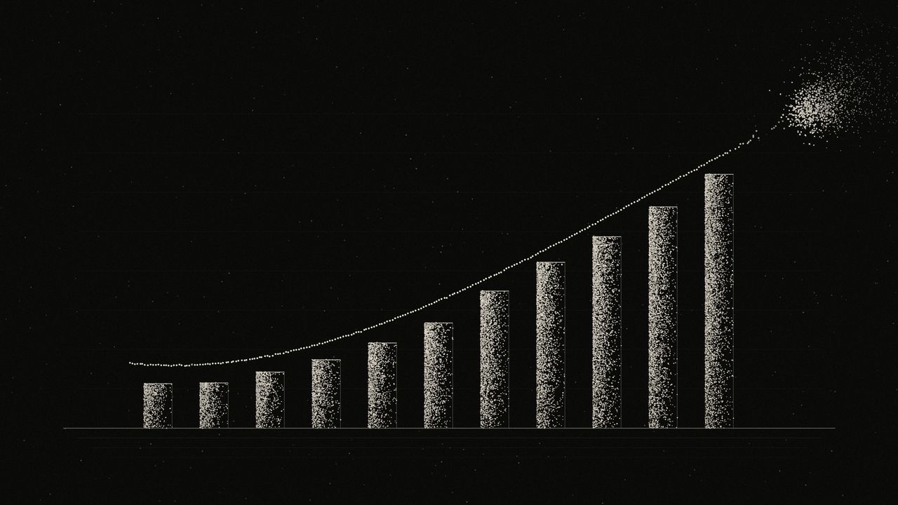 Stippled columns rising left to right under a dotted curve that lifts off into particles