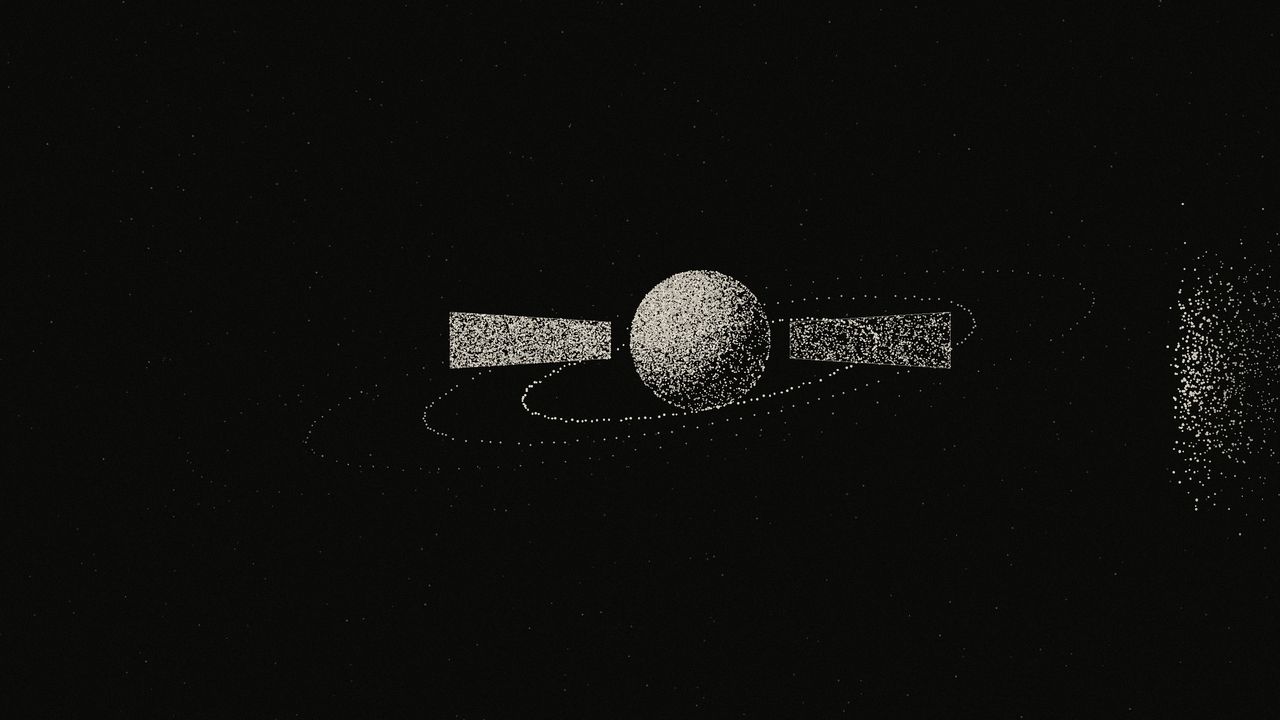 Stippled ivory satellite with coverage rings dissolving into particles on the right