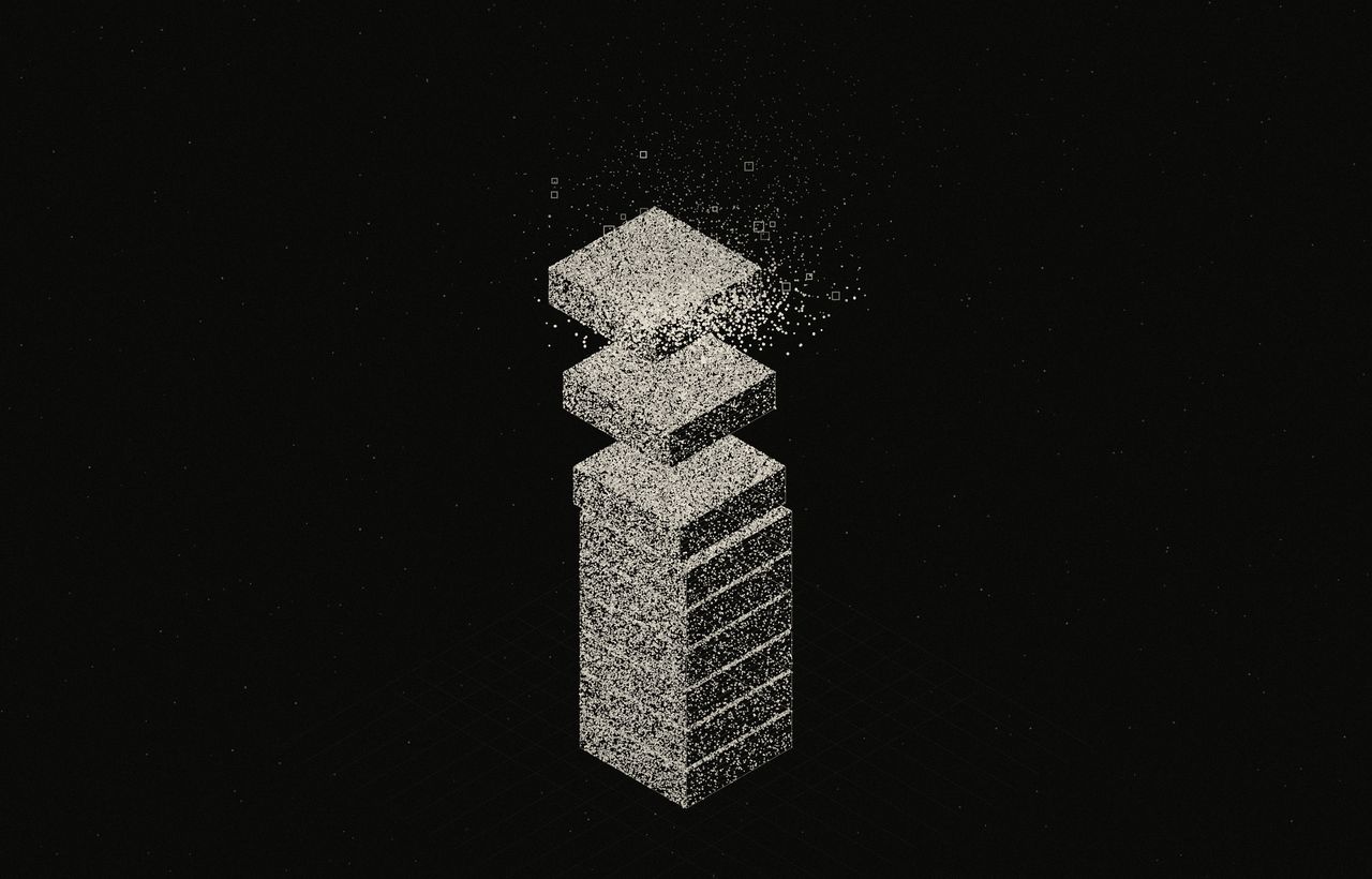 Stippled monolith of server blocks, the top blocks lifting apart into particles